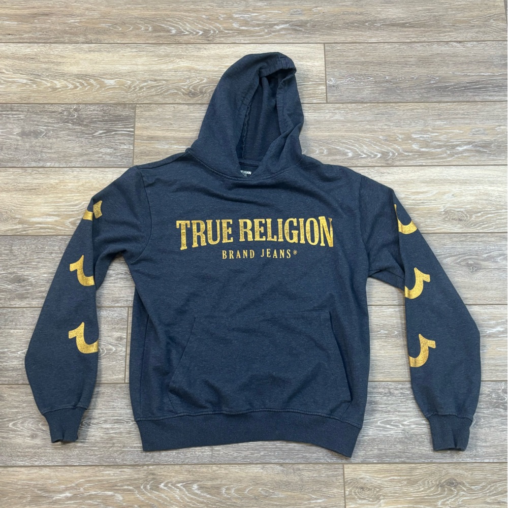 True Religion Hoodie Sz M Navy Sweatshirt Gold Logo All Over Pullover Casual Y2K